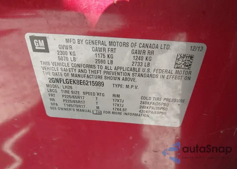 2014 Chevrolet Equinox 2Lt из США, поврежденный, VIN 2GNFLGEK8E6215989